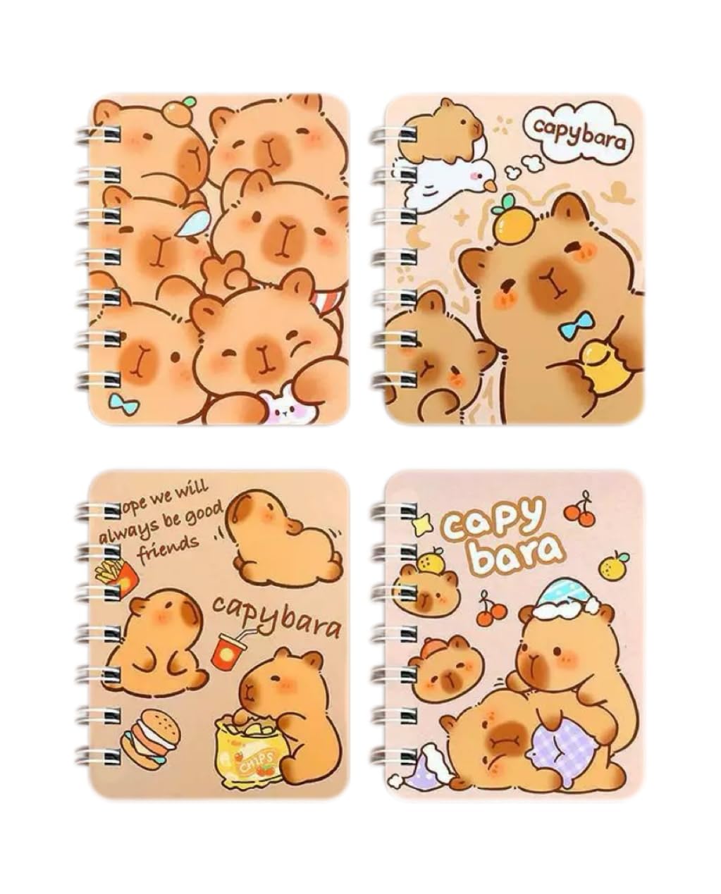 GS Forever 4PCS cute unicorn Capybara Notebook Wirebound Small Mini Pocket Journal Diary for Girls Boys Kids Gift Spiral bound A7 Lined Notebook Writing Drawing Notepad (Capybara)