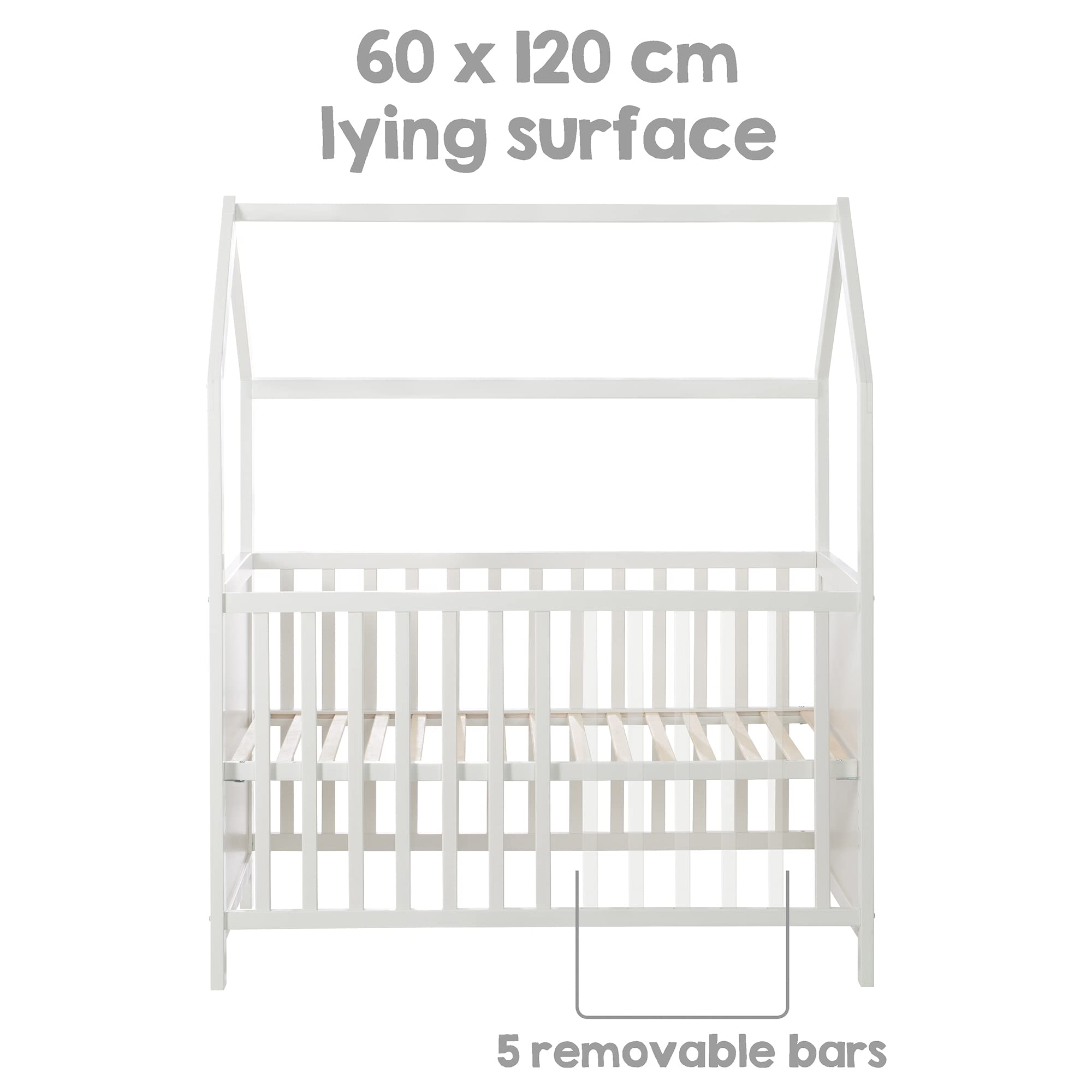 roba Hausbett 60 x 120 cm - FSC zertifiziert - Babybett & Beistellbett für Kinder in Hausoptik - 6-fach höhenverstellbar - Weiß