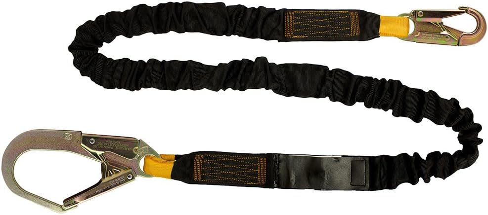Fusion Climb 4ft 48"x2" Internal Bungee Fall Protection Safety Lanyard with Steel Snap Rebar Hooks 23kN Black