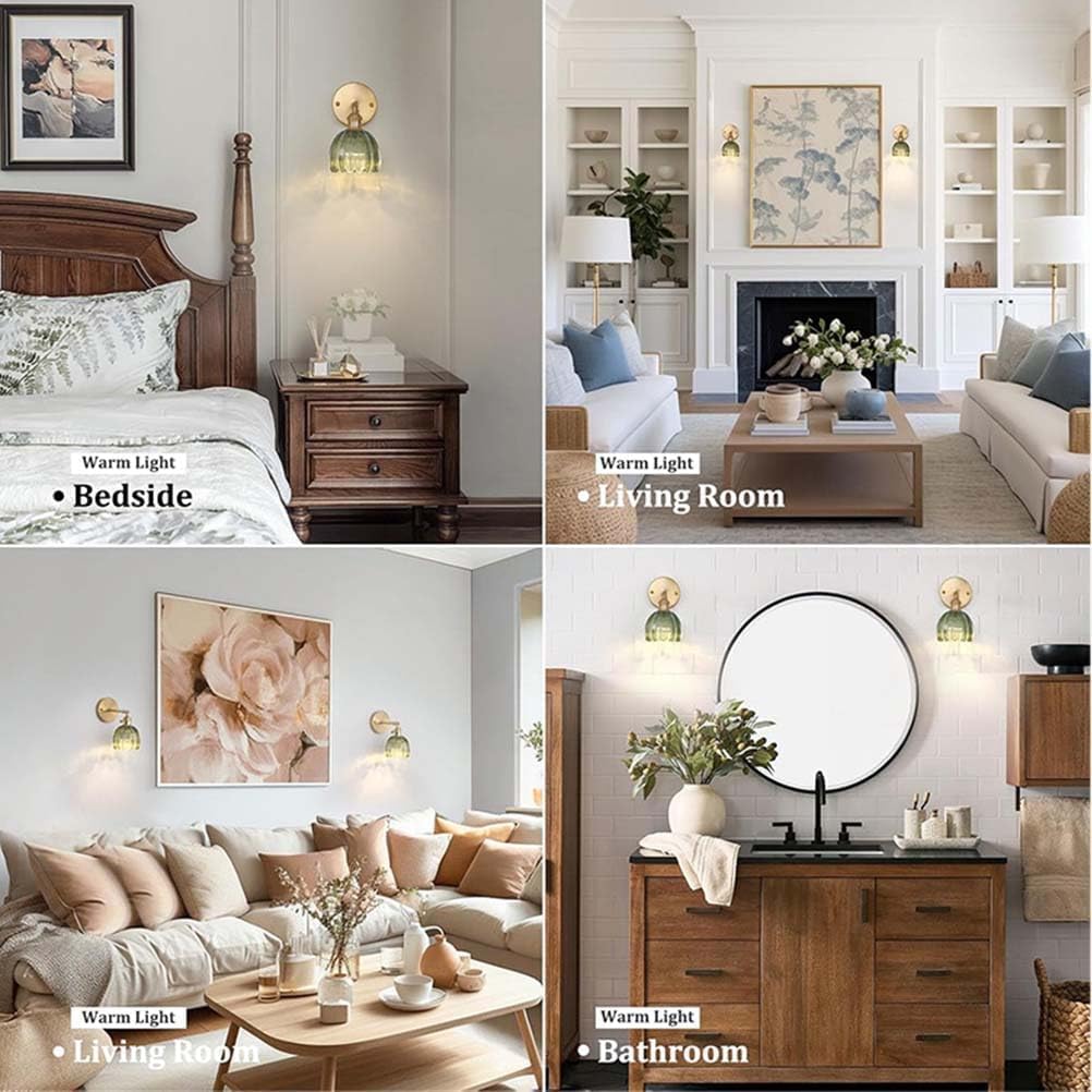 AoLa Wandleuchte Ohne Stromanschluss Gold, Kabellos Wandlampe Dimmbar mit Fernbedienung Vintage Verstellbar Nachttischlampe mit Schalter lnnen Retro Lampe mit Grün Glas Lampenschirm, 2 Stück