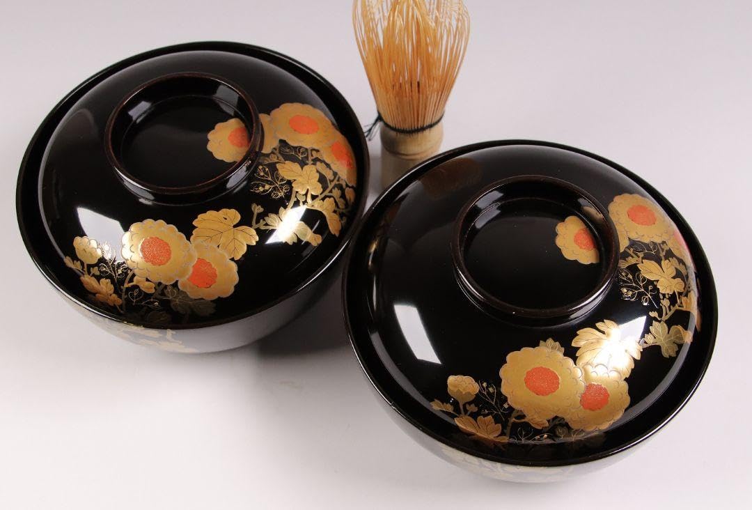Amazon.co.jp: CH13 能登輪島塗 野菊金蒔絵 黒塗椀 二客 木製