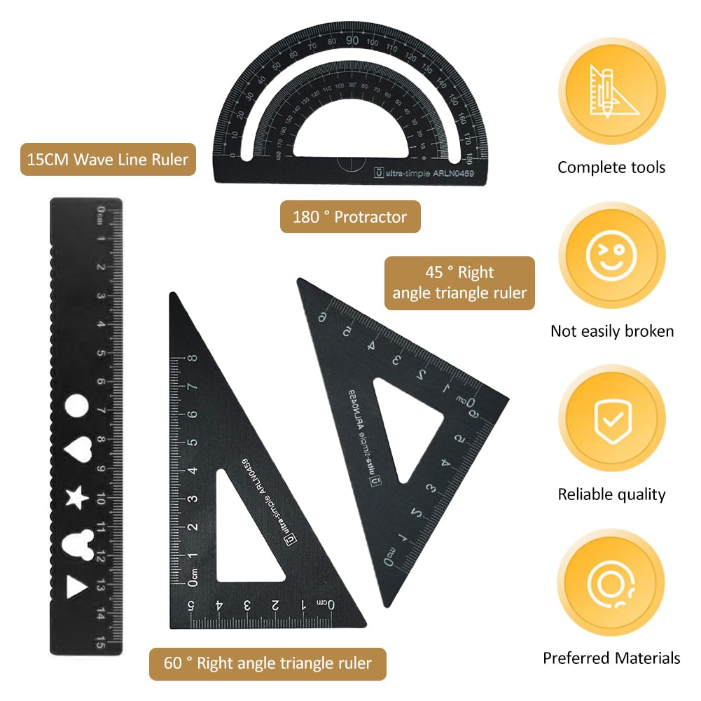 Kit Géométrie En Aluminium INODIREF - 4 Pièces (Règle 15cm, Rapporteur, Triangles)
