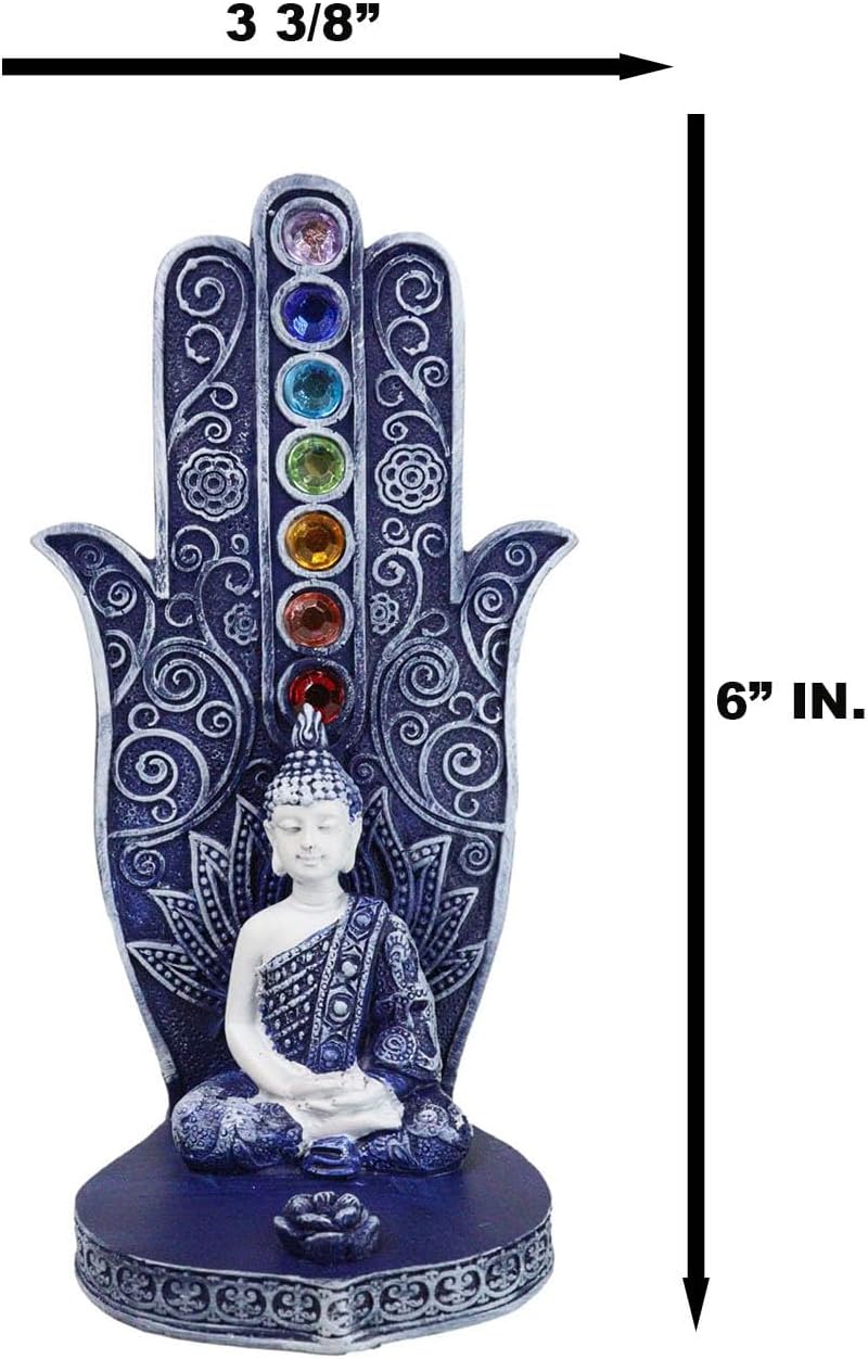 Ebros Gift Blue and White Nirvana Sacred Symbol Hamsa Palm with Buddha Gautama and Rainbow Chakra Stones Incense Stick Holder Burner Home Decor Figurine 6" H Zen Feng Shui Vastu Accent