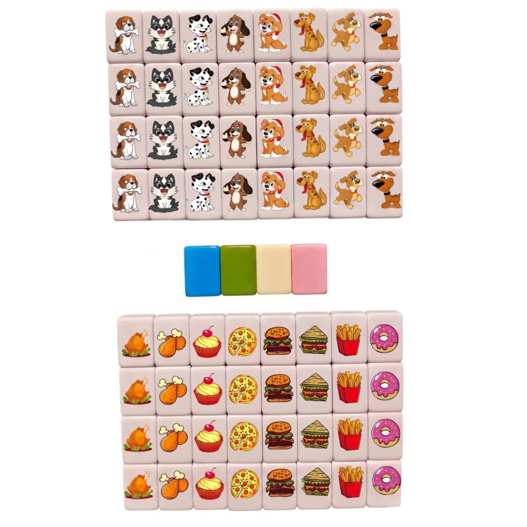 Mahjong, Ensemble de Jeu de Mahjong 65 pièces, Carreaux Dessin animé Mignons pour Chiens et Aliments, Jeu Puzzle Portable pour la Famille et la fête, 24mm