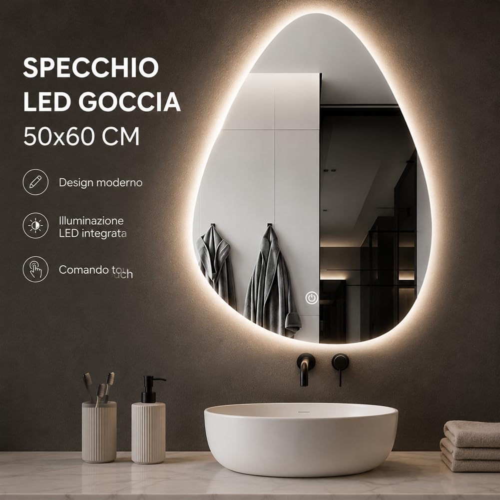 Shally Dogan Specchio Goccia da Parete con Led Dimmerabile a 3 Colori, Bianco Freddo, Caldo e Naturale, Accensione con Touch, Decorazione da Muro Design Moderno e Salvaspazio