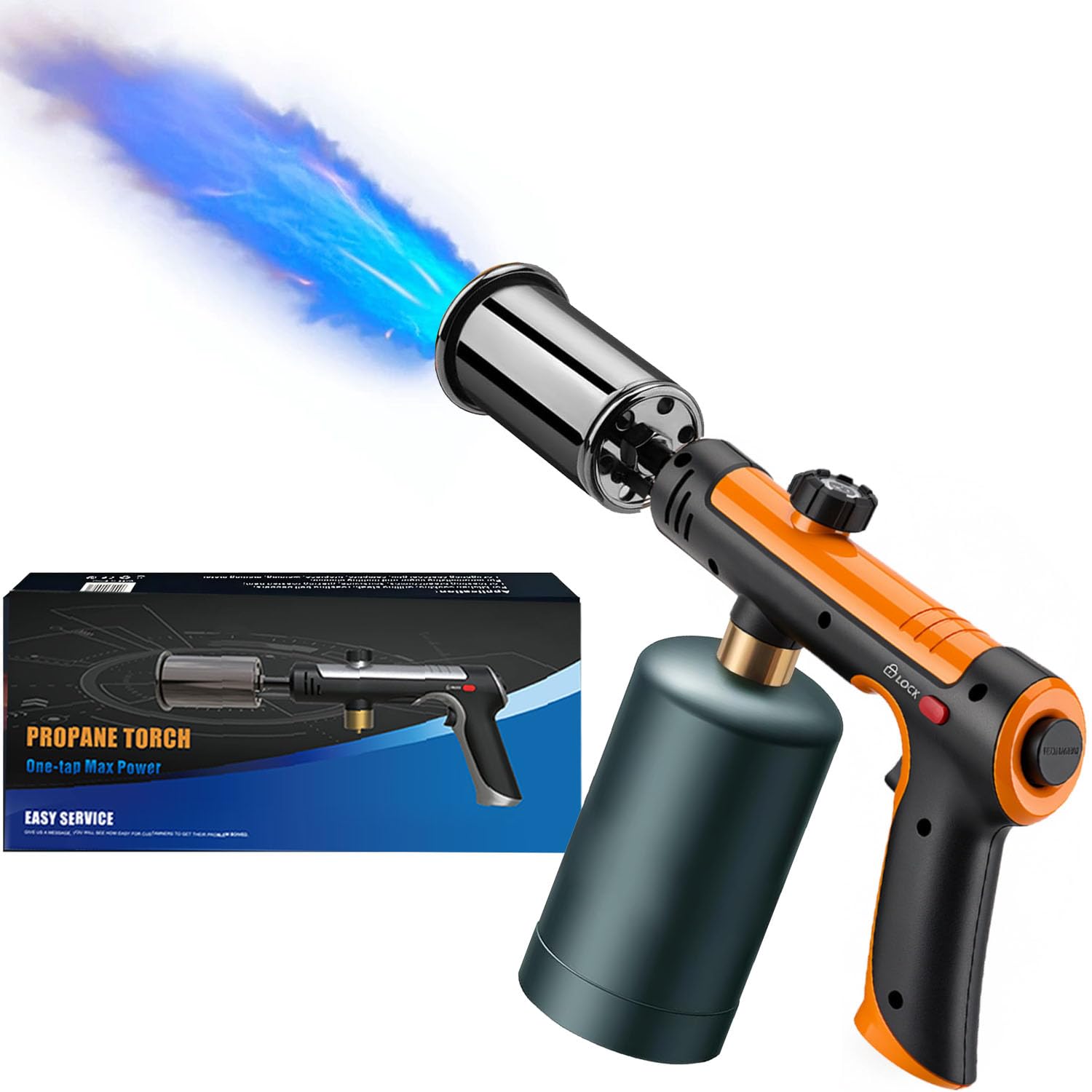 Powerful Propane Torch Gun, Kitchen Torch With Adjustable Flame, Flamethrower Blow Torch for BBQ, Campfire, Searing Steak, Camping (Propane Tank Not Included) -Orange