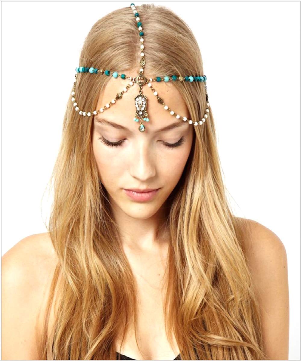 Chmier Bohemian Pearls Tear Drop Rhinestone Pendant Tassel Head Chain for Women and Girls for Wedding Party Vintage Bridal Headband Headpiece Hair Accessories Jewelry for Prom Halloween (style6)