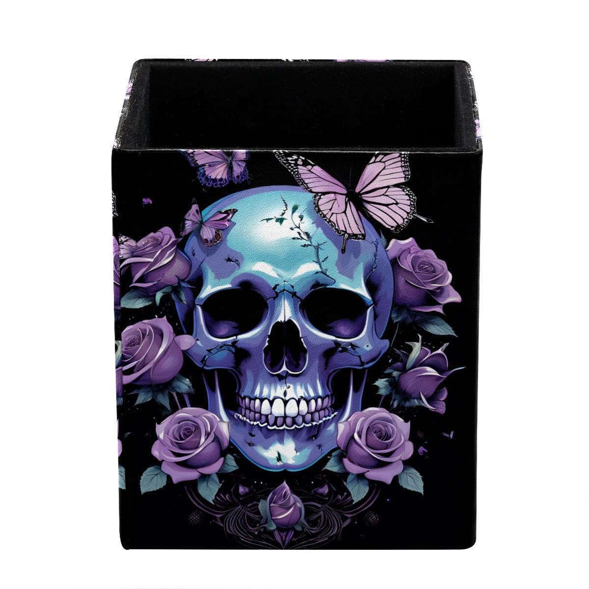 HEOEH Skull Roses Pen Holder Pen Pot, Square Pencil Cup for Desk
