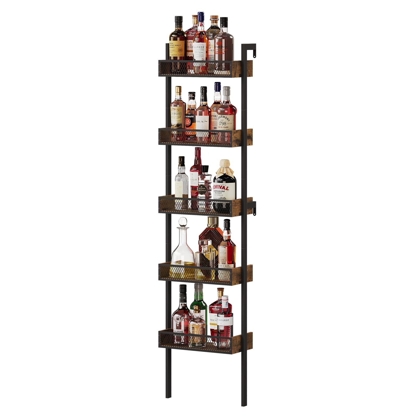 VEDECASA 5‑Stufiges Weinregal & Liquor Stand – Freistehendes Flaschenregal & Wand‑Display Regal für Wein & Spirituosen – Rustik‑Braun Holz/Metall Dekor – Bar, Küche & Wohnzimmer Weinständer