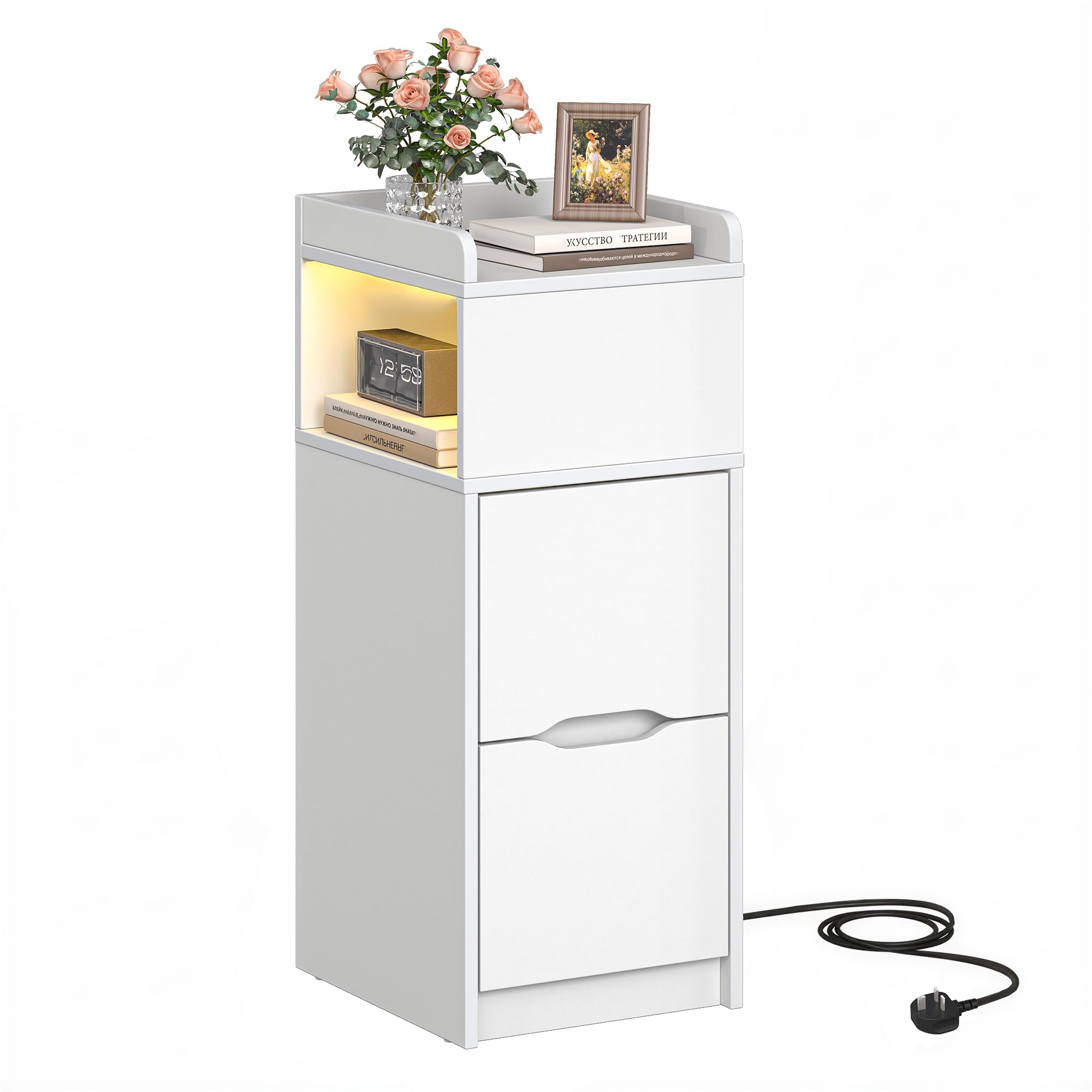 Quikraen Narrow Bedside Table with Sensor LED Light, Slim Side End Table with Charging Station, Small Bedside Cabinet with 1 open Compartment and 2 Drawers for Living Room Bedroom, White (1 pc)