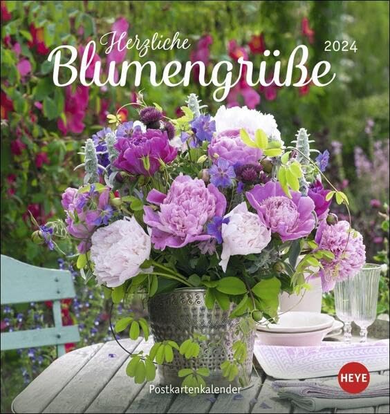 Blumengrüße Postkartenkalender 2024. Kleiner Kalender mit 12 traumhaften Fotos von Blumensträußen und Blüten. Zum Aufstellen oder Aufhängen. Blumen-Kalender 2024 mit Postkarten