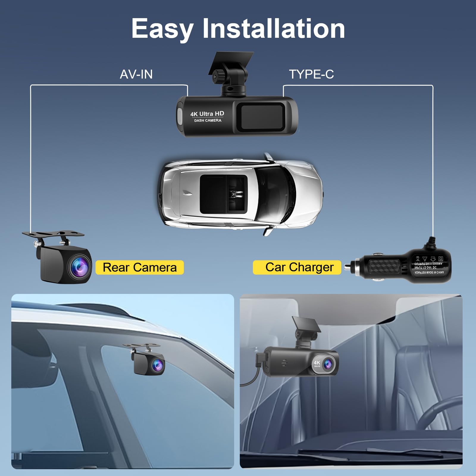 Dash Cam Auto 4k + 1080P, WiFi Dashcam Telecamera per Auto Atti Vandalici con Visione Notturna Migliorata, Sensore di Gravità, Registrazione in Loop, WDR