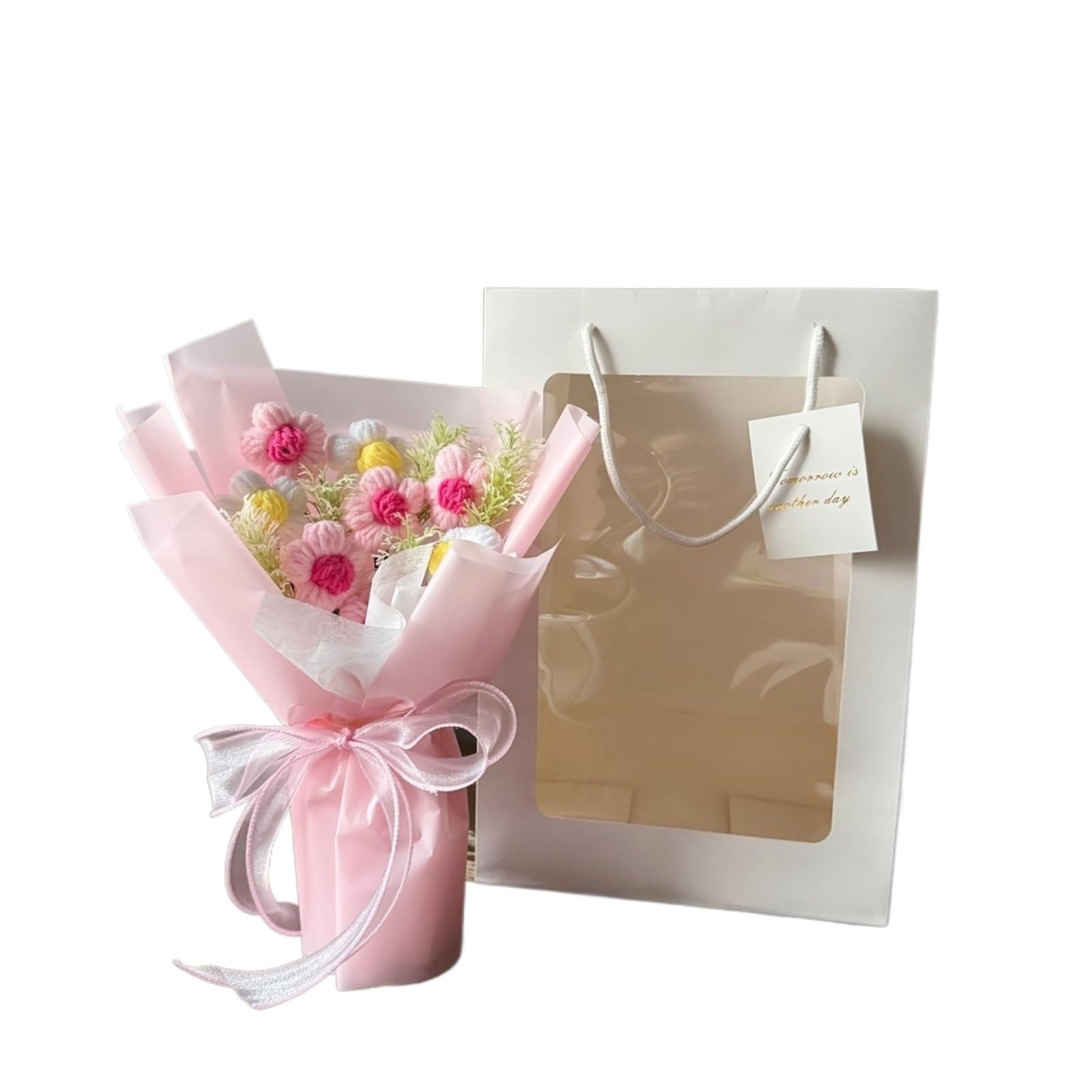 Dazhua Handmade Crochet Flower Bouquet with Gifts Bag, Eternal Floral Gifts for Valentine’s Day, Mother’s Day & Birthdays(Pink)