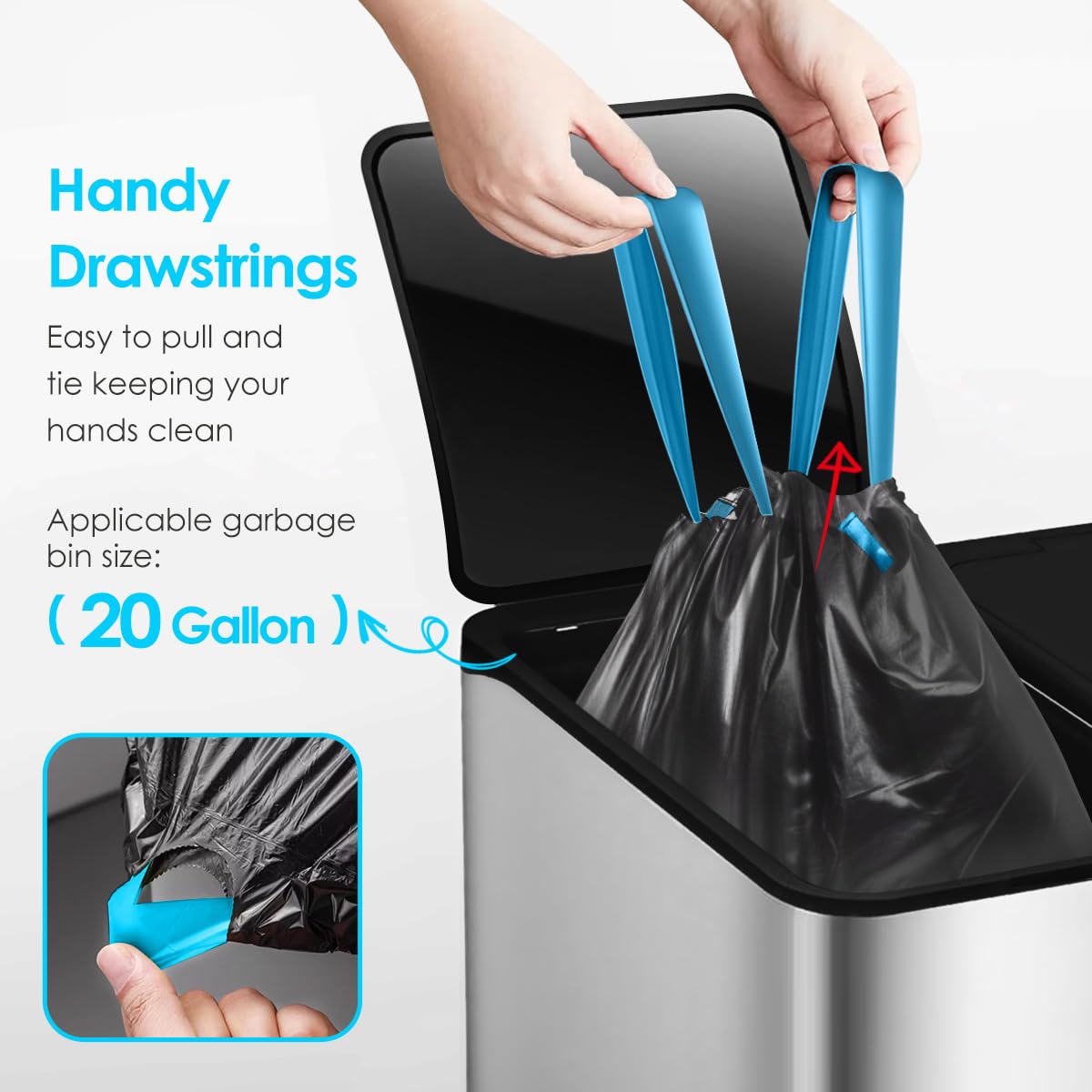 Teivio Bolsas de basura grandes con cordón de 20 galones, 60 unidades (para 18-20 galones), bolsas de basura grandes con cordón, bolsas de basura fuertes y altas para cocina, para el hogar, oficina