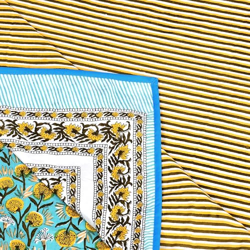 Image of BLOCKS OF INDIA Hand Block Printed Cotton Single Size Reversible Malmal Dohar for Summer (Blue GAD BUTI)