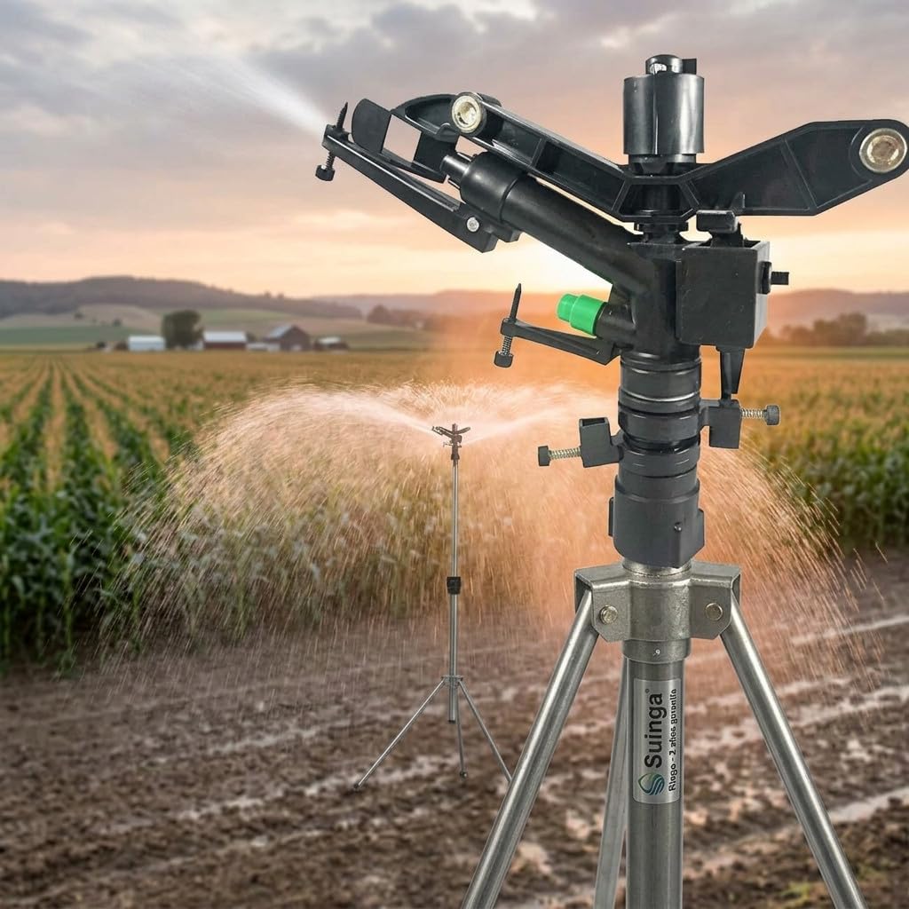 Suinga Cañón de Riego Kraus con Trípode Metálico | Aspersor Agrícola Circular 360° | Conexión 1" Hembra | Alcance de 13 a 21 Metros | Aspersor de Gran Caudal para Cultivos