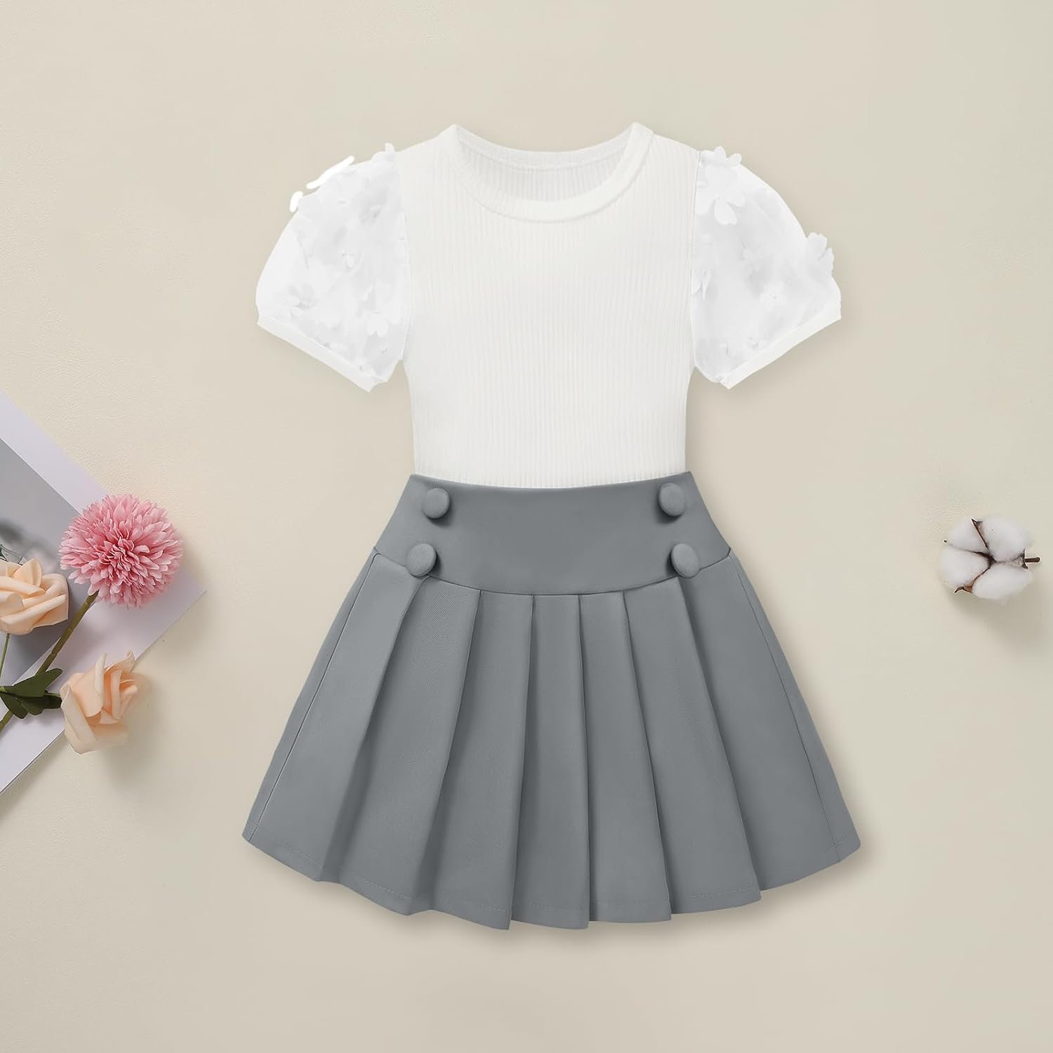 Toddler Girls Skirts Outfit Floral Mesh Puff Sleeve Ribbed Tops + Pleated A-Line Skirt Set Kids Clothes