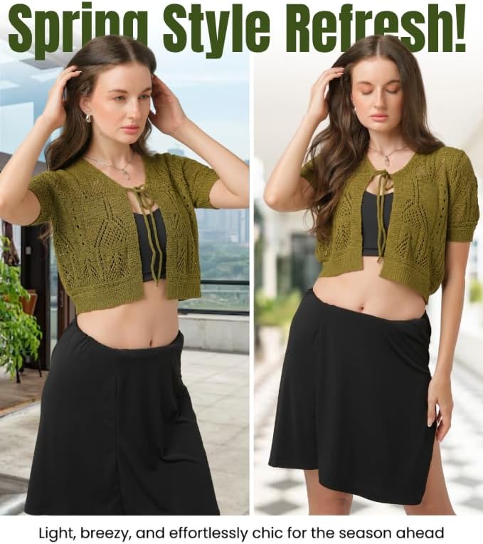 Women’s Crochet Cardigan XLarge Size | Light Weight Short Sleeve Cardigan for Women | Beautiful Olive Color with Viscose & Nylon Fabric Blend | Front Bow Tie Closure for Casual Wear & More - Image 4