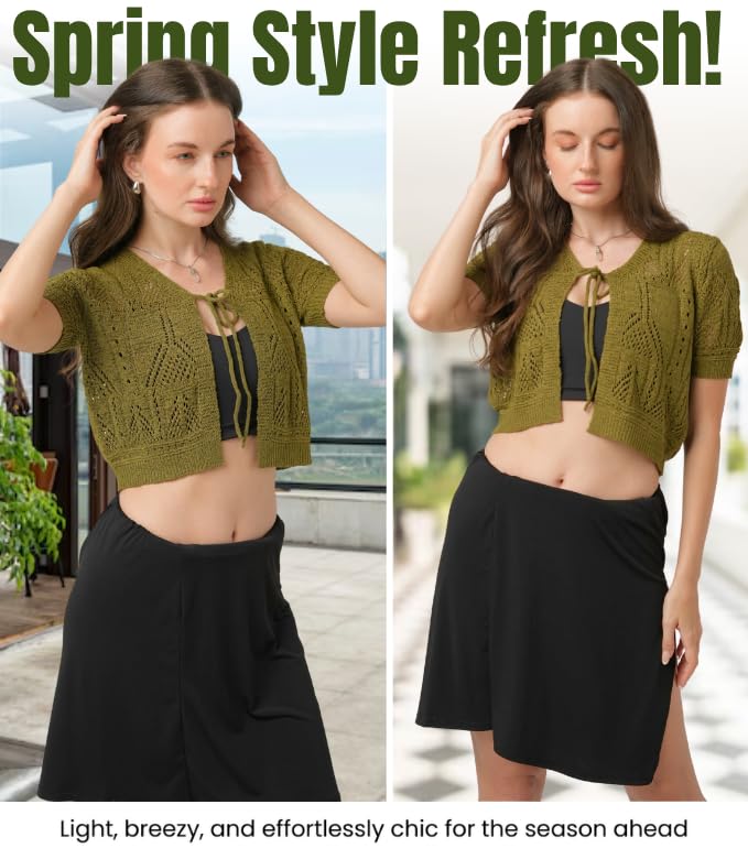 Women’s Crochet Cardigan Small Size | light weight Short Sleeve Cardigan For Women | Beautiful Olive Color with Viscose & Nylon Fabric Blend | Front Bow Tie Closure For Casual Wear & More4