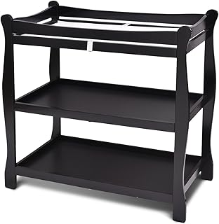 Costzon Baby Changing Table, Infant Diaper Changing Table Organization, Newborn Nursery Station with Pad, Sleigh Style Nursery Dresser Changing Table with Hamper/ 2 Fixed Shelves (Black)