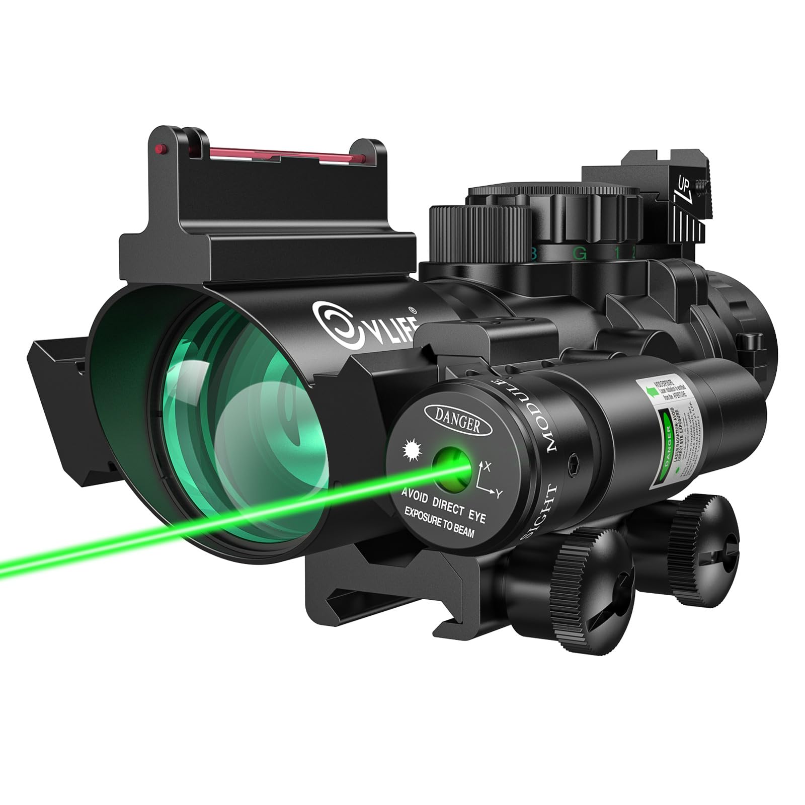 CVLIFE 4x32 Prism Rifle Scope Red & Green & Blue Illuminated Reticle Scope with Fiber Optic Sight & IIIA/2MW Laser Sight