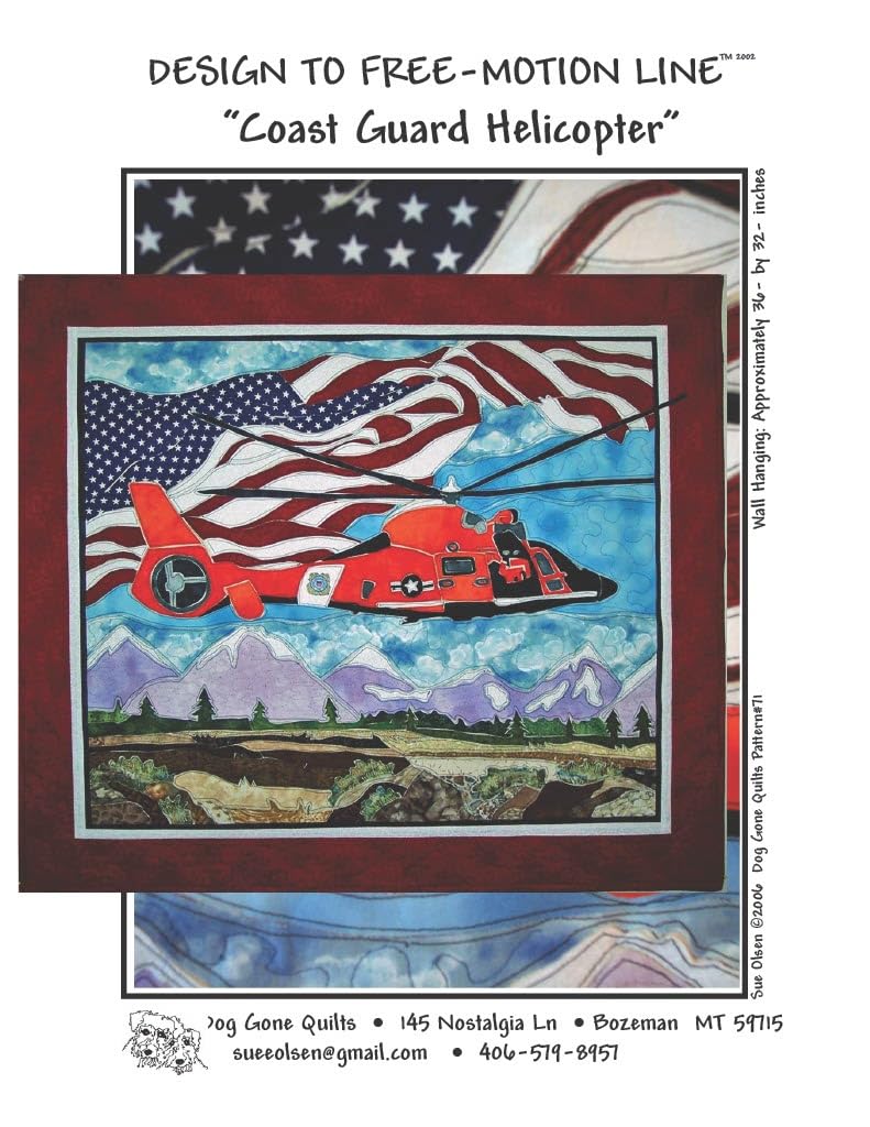 Generic Coast Guard Helicopter Quilt Pattern, Approximately Size 36” x 32”, Design to Free-Motion Line from Dog Gone Quilts, 770712