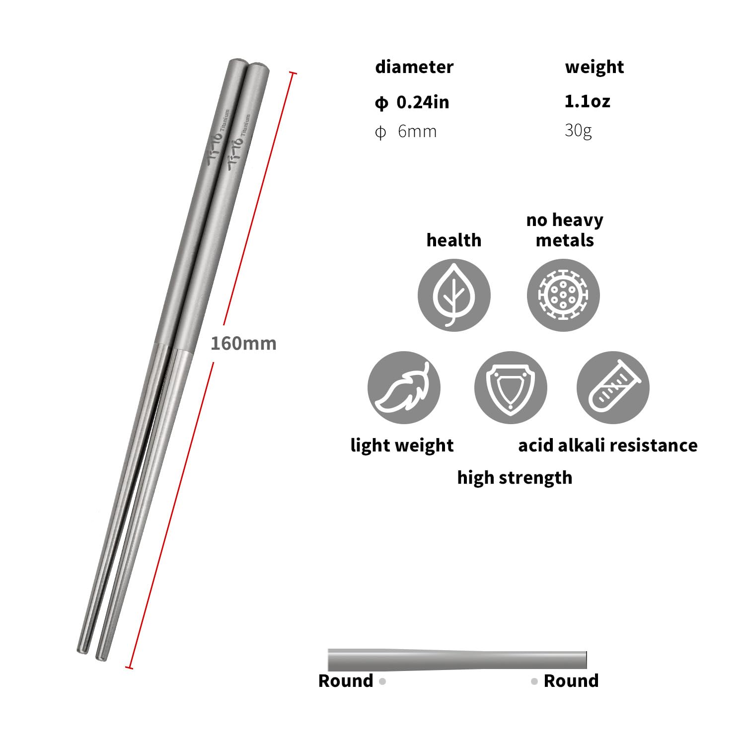 TiTo Solid Titanium Chopsticks for Camping Picnic and Hiking Reusable Lightweight Outdoor Tableware 1 Pairs (6x160mm)