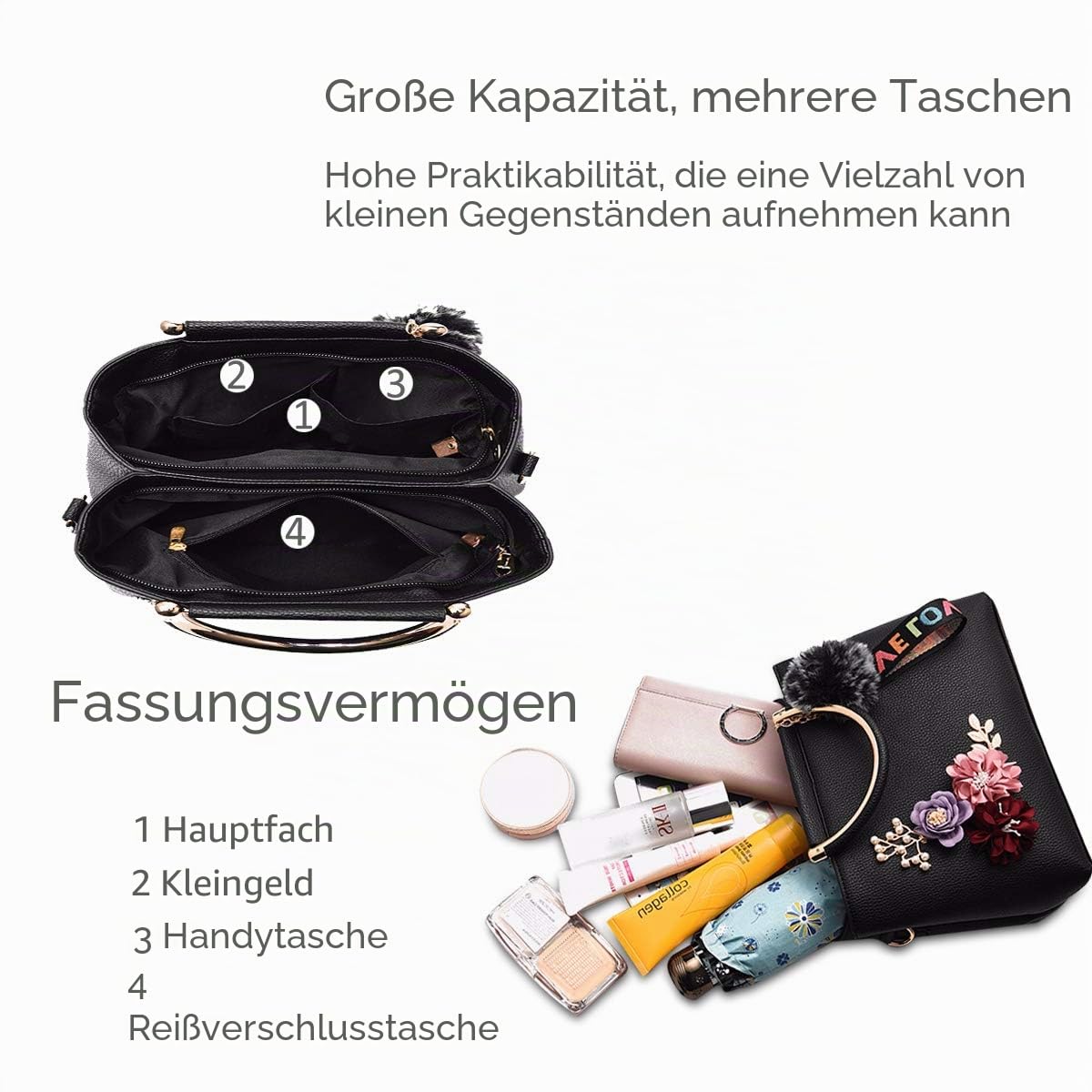 NICOLE & DORIS Damen Leder Handtasche Umhängetaschen mit Blume Jahrgang Griff Tasche Designer Tote Geldbörse mit Pom Pom dunkelgrün