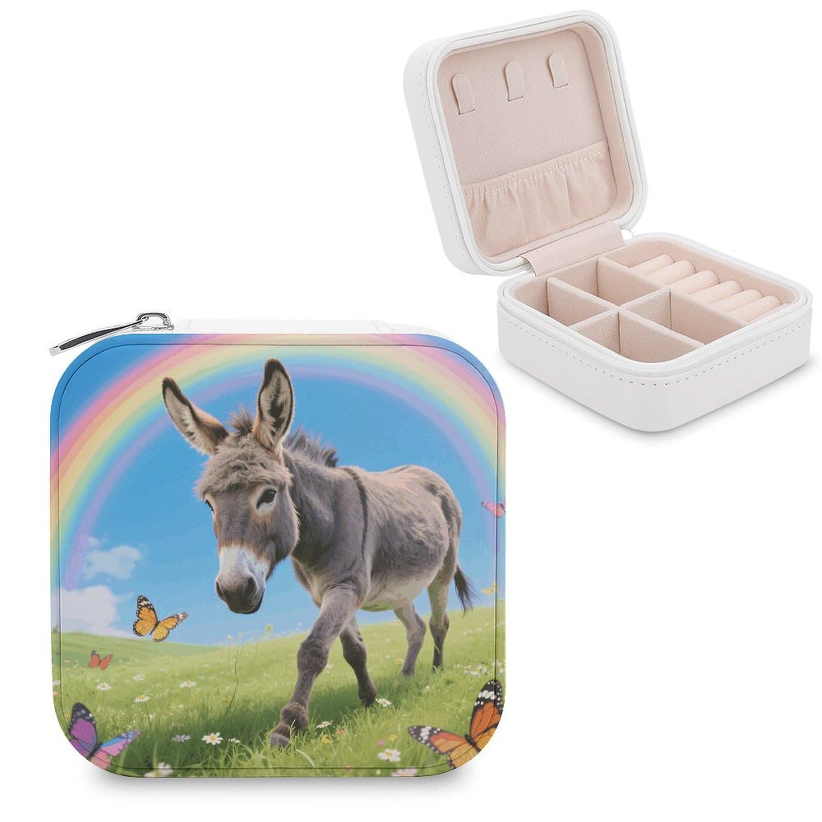 VstaDank Donkey Butterflies (Rainbow) Jewelry Organizer Travel Case for Women With Zipper Mini Jewelry Case PU Leather Jewelrys Box for Rings Necklaces Bracelets Earring Holder Organizer Storage