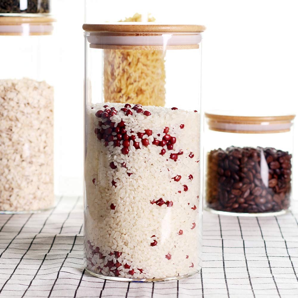 Confezione da 5 barattoli in vetro con coperchio in bambù, contenitori ermetici in vetro borosilicato per dispensa, organizzazione della cucina, pasta e spaghetti, spezie e alimenti secchi