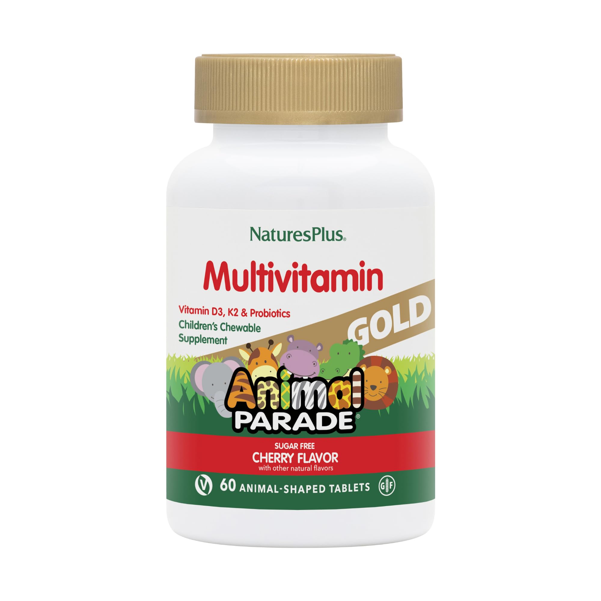 Nature's Plus Multivitamin Gold Children Chewable Supplement, 60 Tablets Animal Parade Shaped Cherry Flavor - With Vitamin D3, K2 & Probiotics, Sugar Free