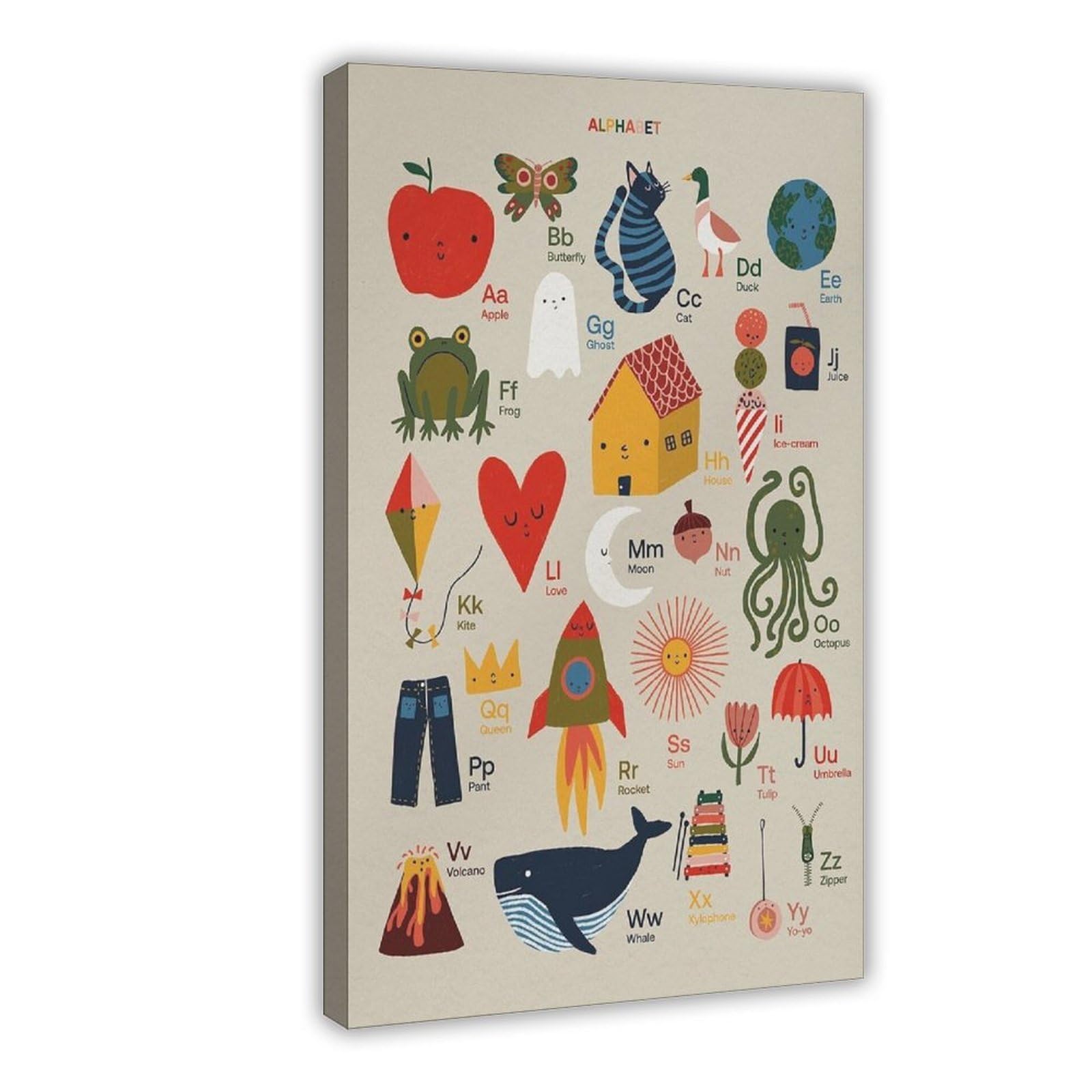 Poster éducatif sur toile avec lettres de l'alphabet illustrées à la main - Décoration murale pour salon, chambre à coucher - 50 x 75 cm