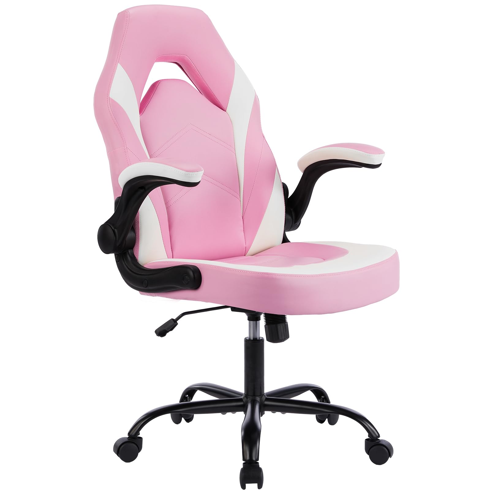 DUMOS Ergonomic Computer Gaming Chair - Home Office Desk with PU Leather Lumbar Support, Height Adjustable Big and Tall Video Game with Flip-up Armrest, Swivel Wheels for Adults and Teens, Pink