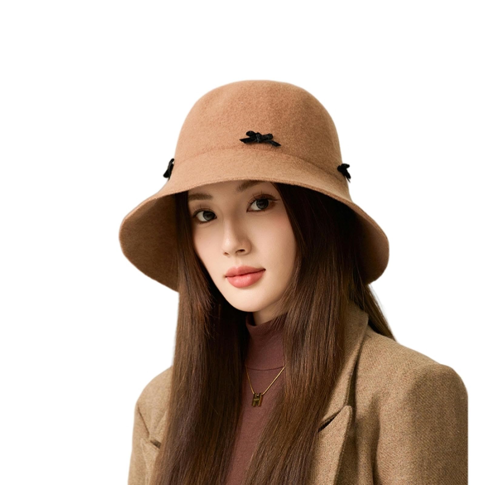 Cappello Cappello da Feltro di Cloche Invernale da Donna, Cappello da Secchio Caldo, Cappello in Pelle Scamosciata Vintage-Brown-b