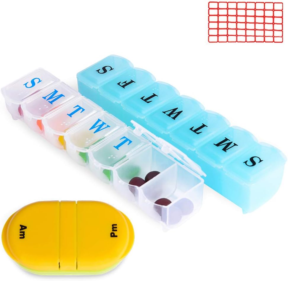 YNester 2 PCS Pill Box 7 Day Pill Organizer Weekly + 2 Times a Day Small Pill Boxes, Travel Pill Case Holder Pocket Purse Pill Boxes for Vitamin Fish Oil Daily Medicine Box (White + Blue)