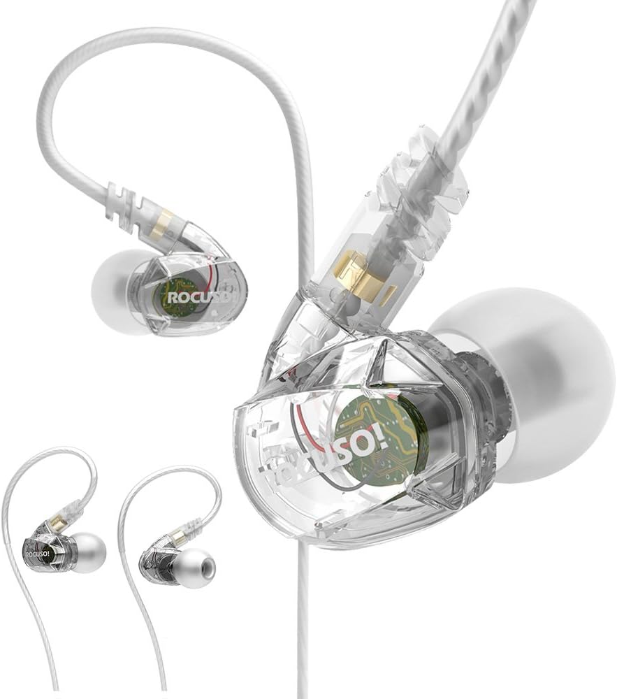 Noise-Isolating Musician's in Ear Monitor, Wired Over Ear Stereo Bass Headphones with Microphone, Waterproof Sport Earbuds for Running, Jogging, Gym, Clear