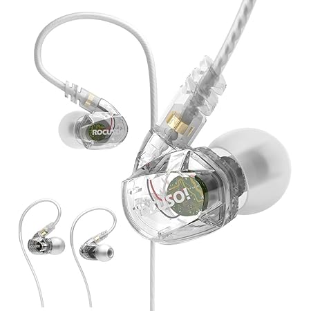 ROCUSO Noise-Isolating Musician's in Ear Monitor, Wired Over Ear Stereo Bass Headphones with Microphone, Waterproof Sport Earbuds for Running, Jogging, Gym, Clear
