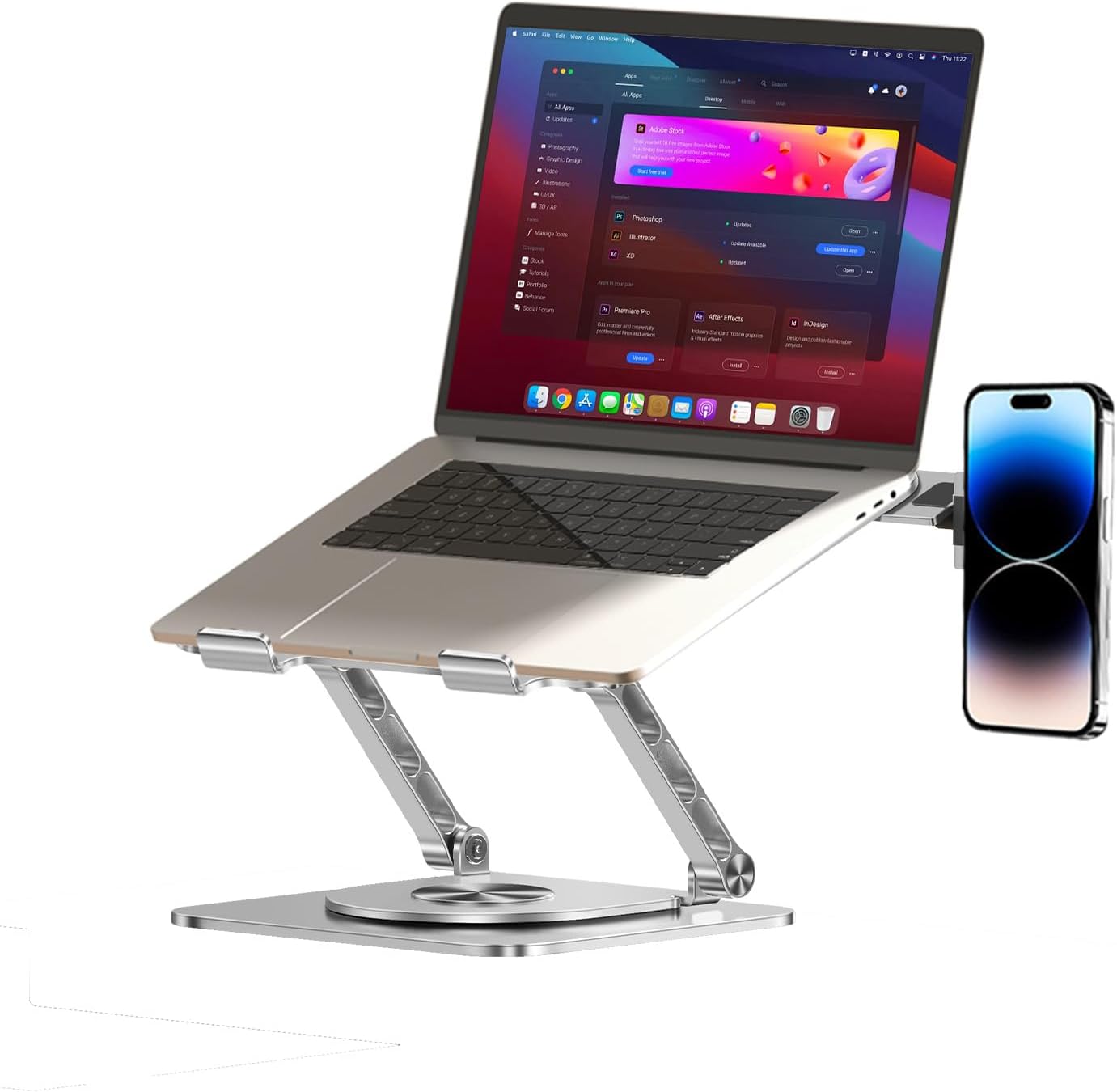 Laptop Stand with Magnetic Phone Holder for Desk, Ergonomic Foldable Laptop Riser with 360 Rotating Base, Compatible with MacBook Pro and iPhone 12 and Later, Fits 10-16 Inch Notebook