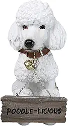 Ebros Estátua realista realista de cachorro poodle francês branco Fifi Welcome Greeter de 29,2 cm de altura com pedigree de raça de cães colecionáveis para decoração de pátio para casa com coleira