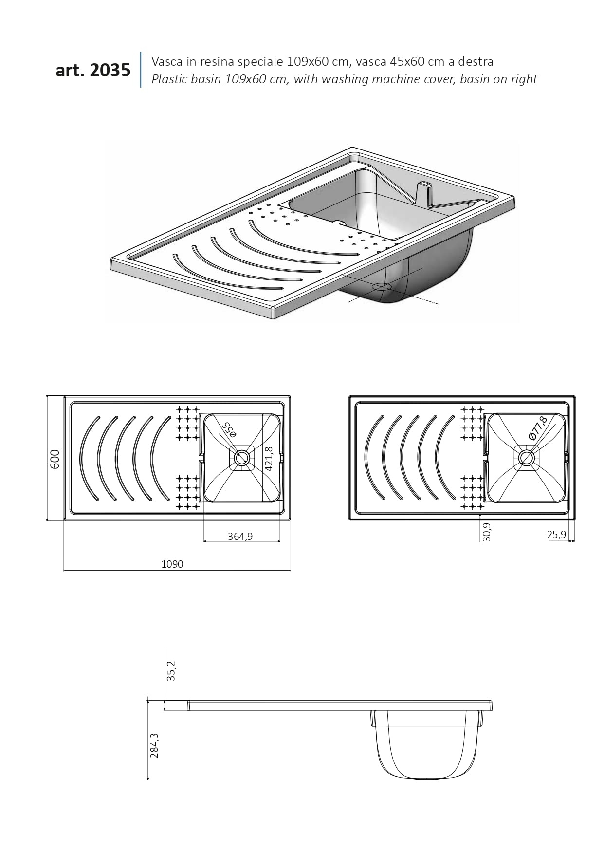 Negrari Couvre-Machine à Laver avec évier réversible 9008KAM en résine, Baignoire en PP résistant aux acides, intérieur/extérieur, Blanc, PVC, 109 x 60 x 89