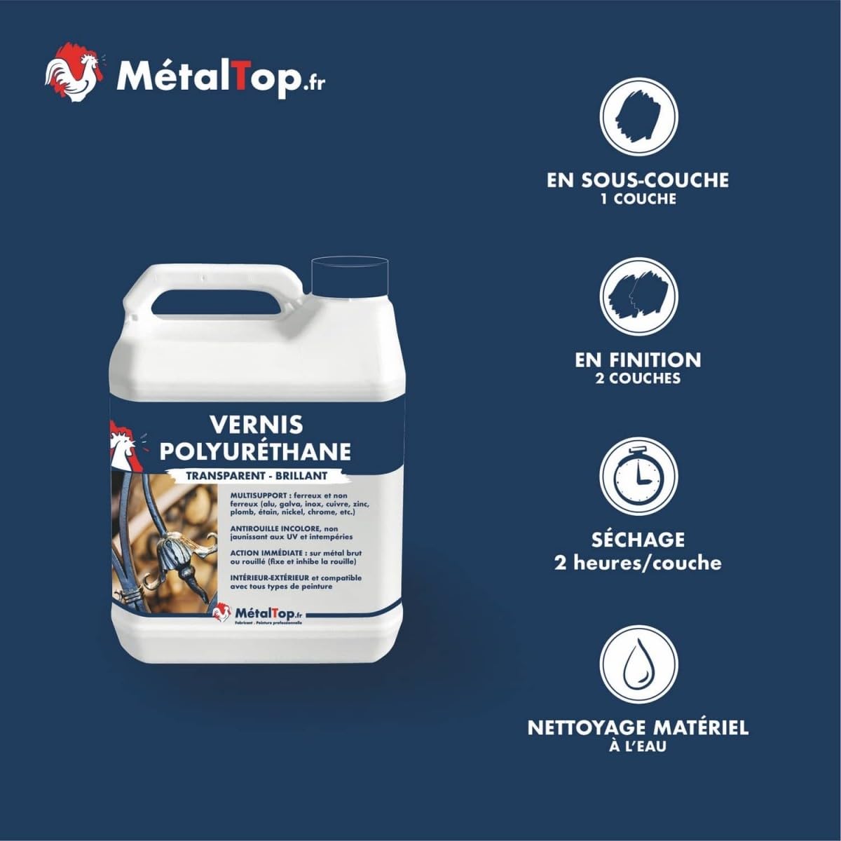 Metaltop - Vernis Polyurethane - 1 L - Protection haute résistance pour surfaces métalliques