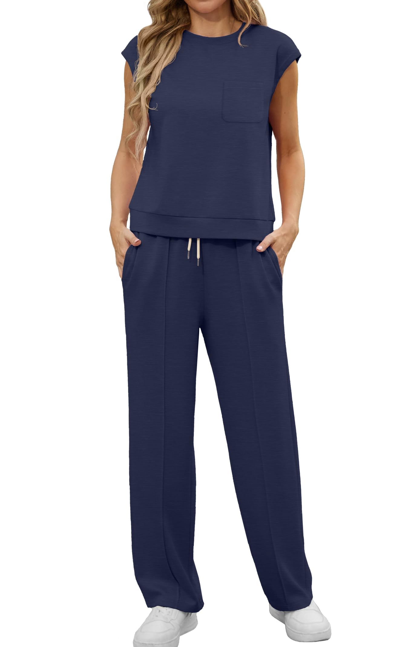 GRECERELLE Tuta estiva a maniche corte da donna, set completo, da donna, casual, girocollo, maniche ad aletta e pantaloni da jogging con tasche
