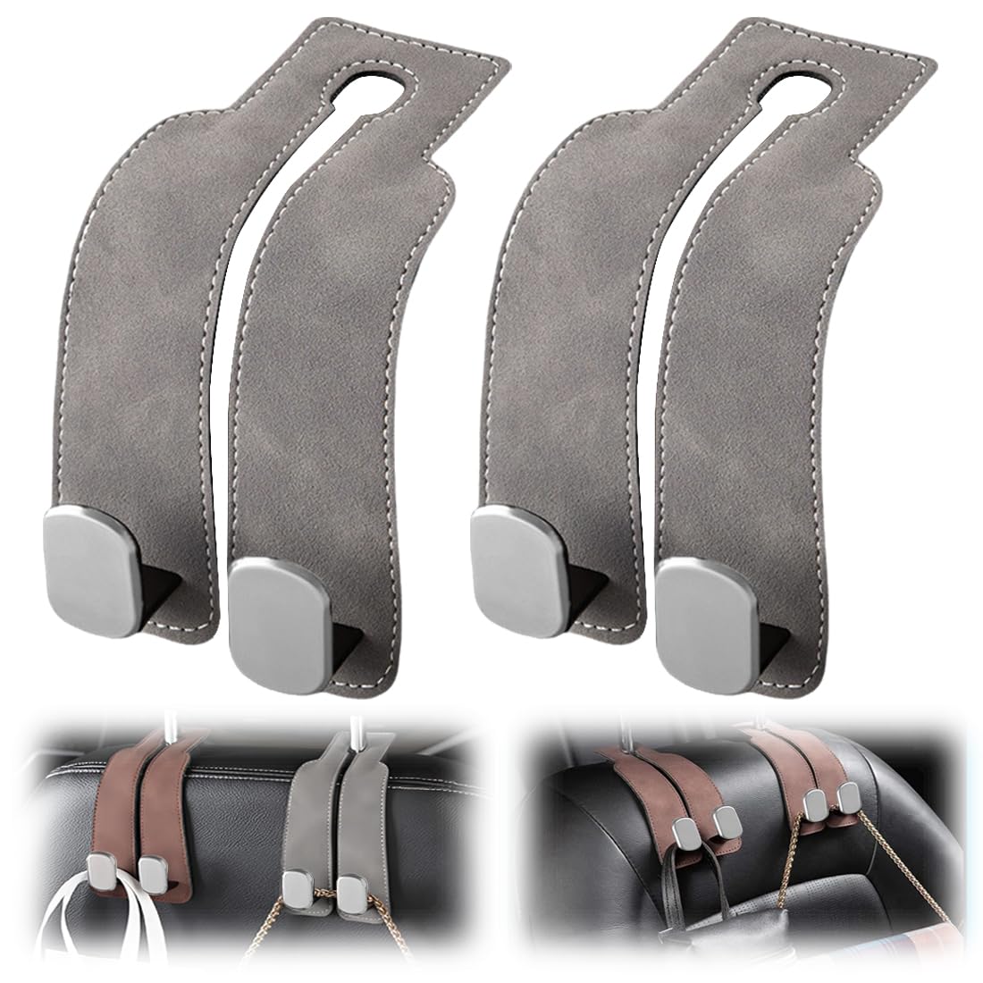 Ganci Per Poggiatesta Auto 2 Pezzi - Doppi, In Pelle E Metallo, Per Appendere Borse E Oggetti, Nero - Foto 9