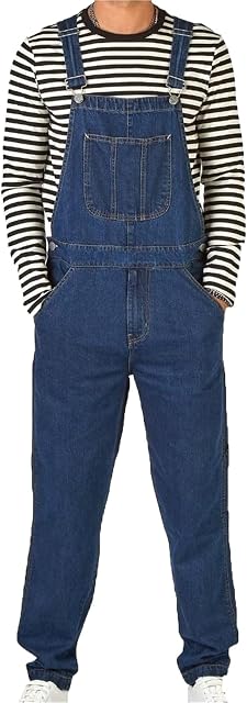 MANYMANY Mens Bib and Brace Dungarees Trousers Men's Loose Fit Jeans Bib Overalls Cotton Denim Dark Blue Dungarees Overalls