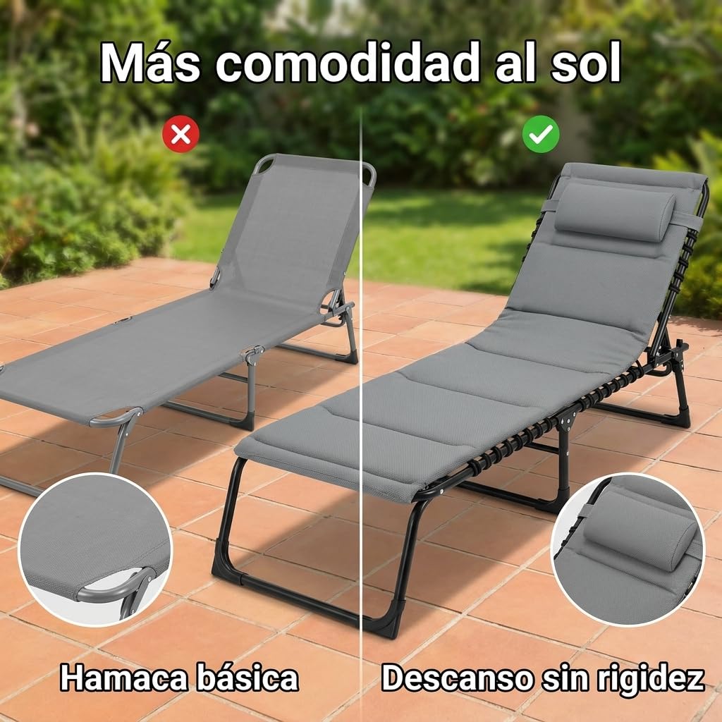 Pincho Tumbonas Jardin Exterior Hamaca Jardin, Chaise Longue Exterior, Tumbona Plegable Acolchada con Cojin Cervical, Hamaca Reclinable - 3 Posiciones, Estructura Metalica