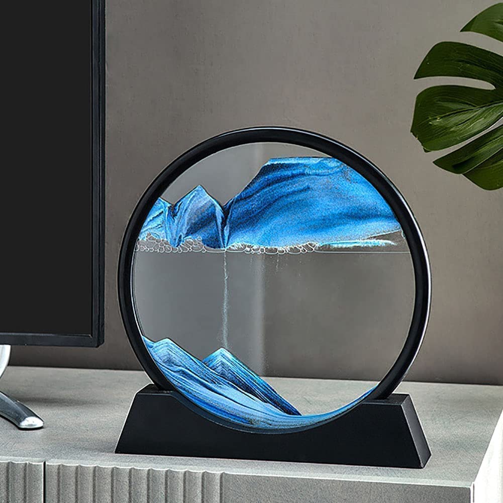 NYTRYD Moving Sand Picture Sand Art Round Glass 3D Deep Sea Sandscape in Motion Display Flowing Sand Painting Frame Desktop Art Bookshelves Home Office Decoration