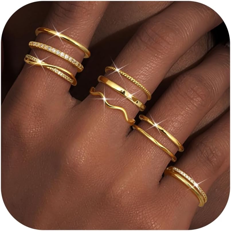 Tungary Gold Stackable Rings for Women Non Tarnish Open Adjustable Thin Thumb Silver Rings 14K Gold Plated Stacking Cubic Zirconia Knuckle Pinky Ring Set Dainty Statement Promise Wedding Band Ring