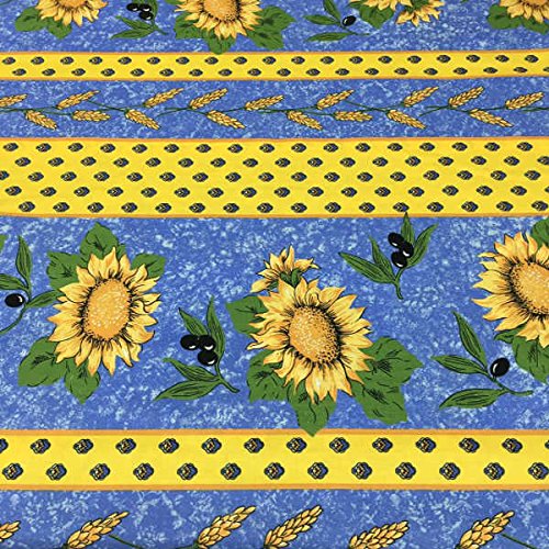 Tela por metros de sábana estampada - Algodón y poliéster - Retal de 300 cm largo x 270 cm ancho | Provenzal. Girasoles y olivas - Azul - 3 metro