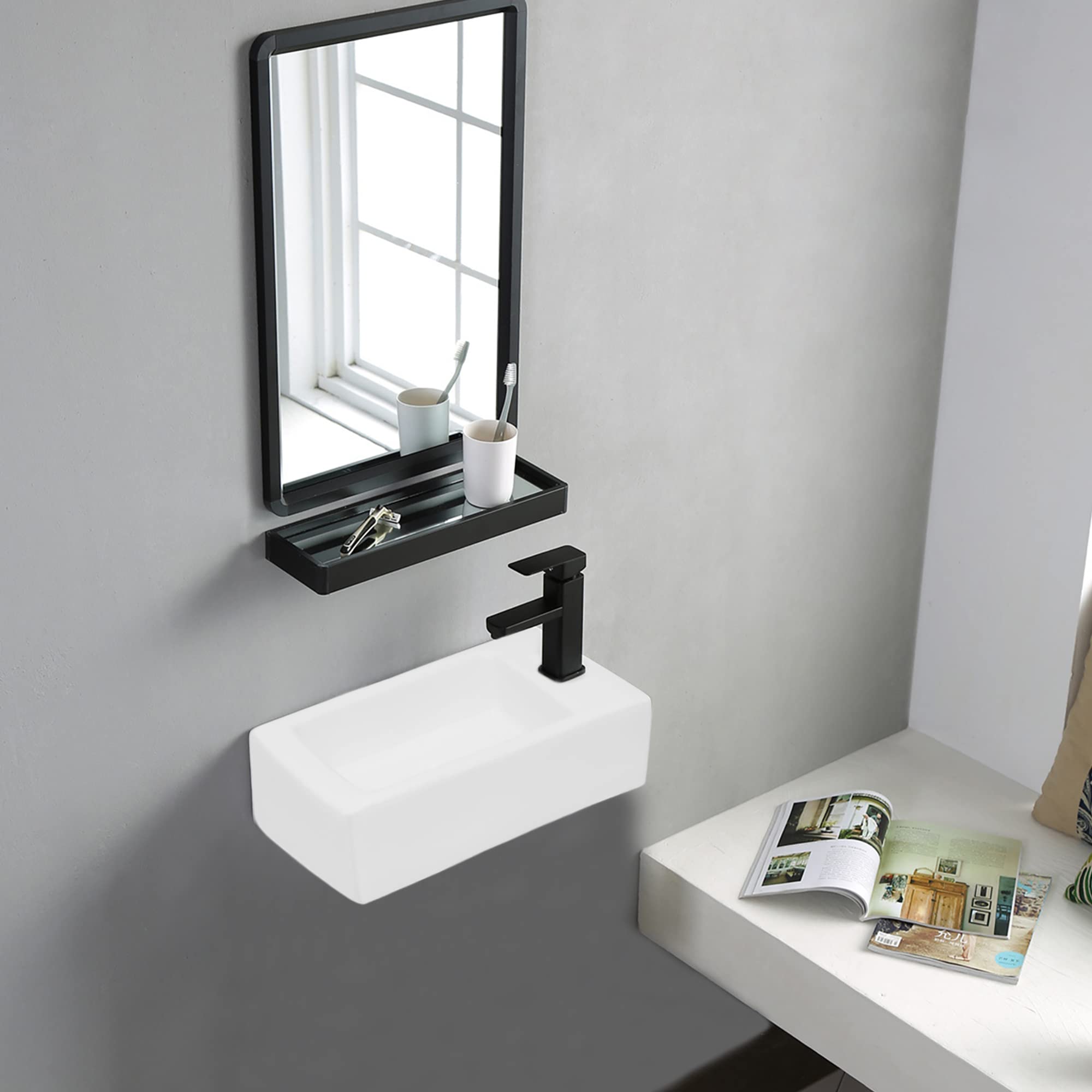 OUUTMEE A parete Lavandino da appoggio piccolo, 370 x 185 x 90mm, lavabo da parete o da appoggio per WC per gli ospiti | Lavandino piccolo mini, mini lavabo destro