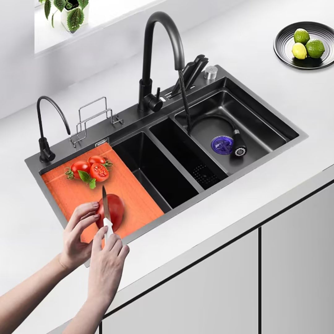 Aioneer Double Sink Stainless Steel Undermount Prep Kitchen Sink, With Pull-Out Faucet, And Drainage For Workstation Kitchen-78-46cm Black-grey